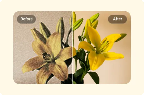Upscale a flower image with side-by-side before & after preview